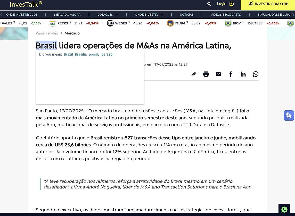 Brasil lidera opera��es de M&As na Am�rica Latina, mostra AON